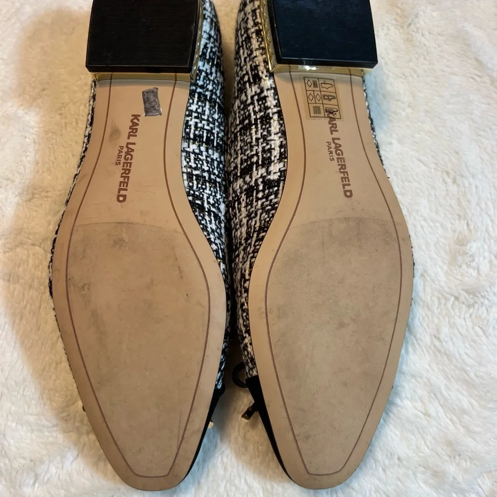 Karl Lagerfeld Black and White Pearl And Tweed Bow Ballet Flats - Picture 6 of 9